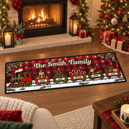 Personalized Premium Doormat with Family Holiday Train and Snowy Village, Unique Christmas Gift for Family