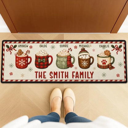 Personalized Standard Doormat with Red and Green Family Mugs, Unique Gift for Families and Pet Owners