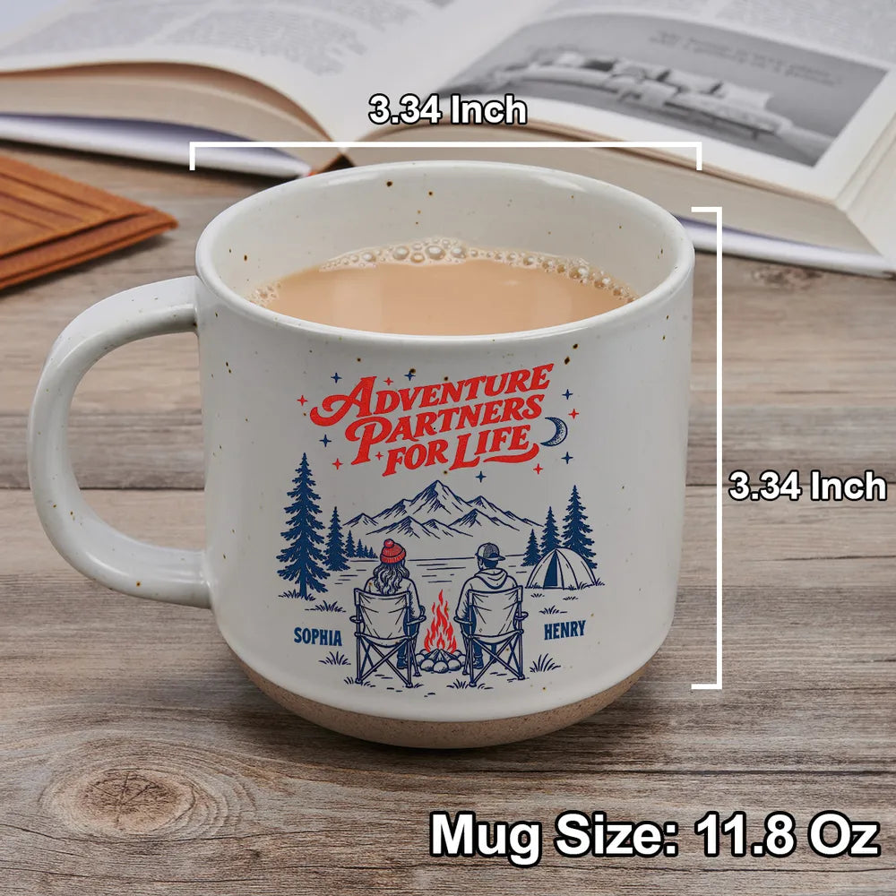 Adventure Partners for Life Personalized Pottery Mug, Mountain Camping Scene, Creative Gift for Your Partner