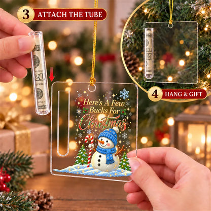 Personalized Acrylic Money Holder Ornament, Snowman or Penguin Christmas Scene, Unique Cash Gift