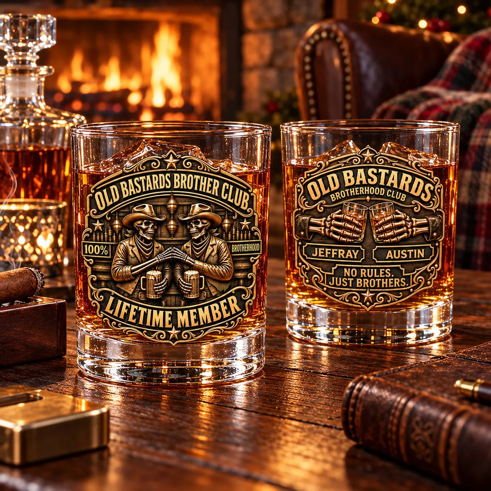 Personalized Whiskey Glass with Clinking Cowboy Skeletons in an Amber Bar, Unique Gift for Brother