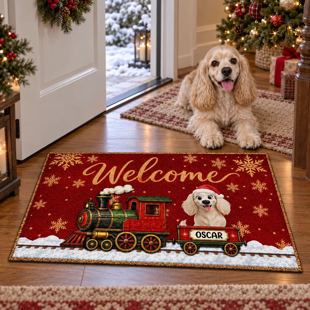 Personalized Standard Doormat with Christmas Dog Train, Red Snowflake Decor, Unique Gift for Dog Lovers