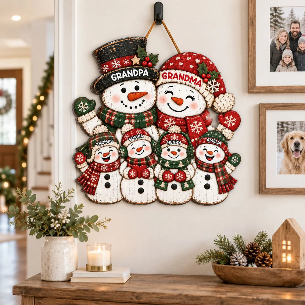 Personalized Wooden Sign, Festive Snowman Family Door Decor, Unique Christmas Gift for Grandparents