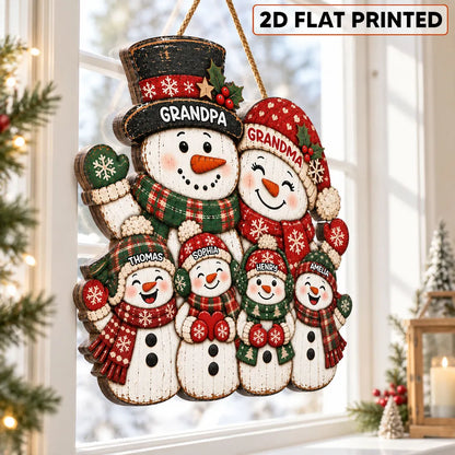 Personalized Wooden Sign, Festive Snowman Family Door Decor, Unique Christmas Gift for Grandparents