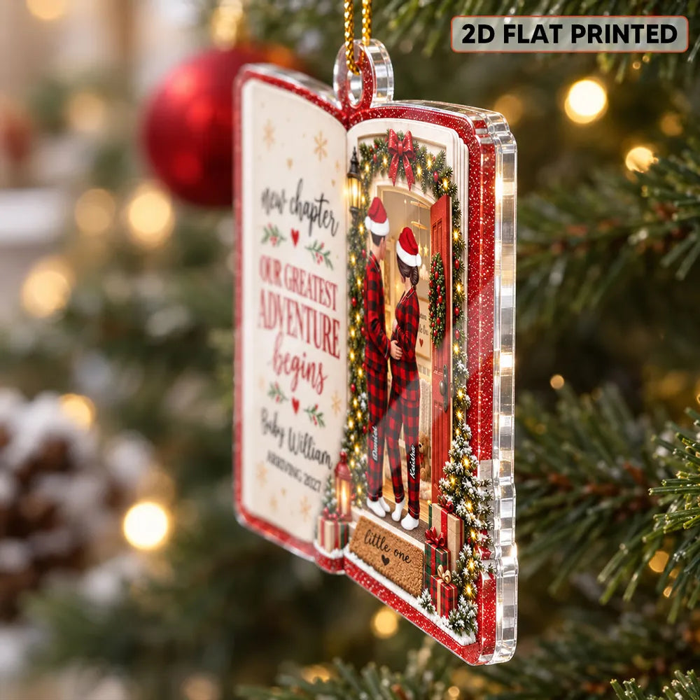 Personalized Acrylic Ornament, New Chapter Couple Cradling Baby Bump in Christmas Scene, Creative Gift for New Parents