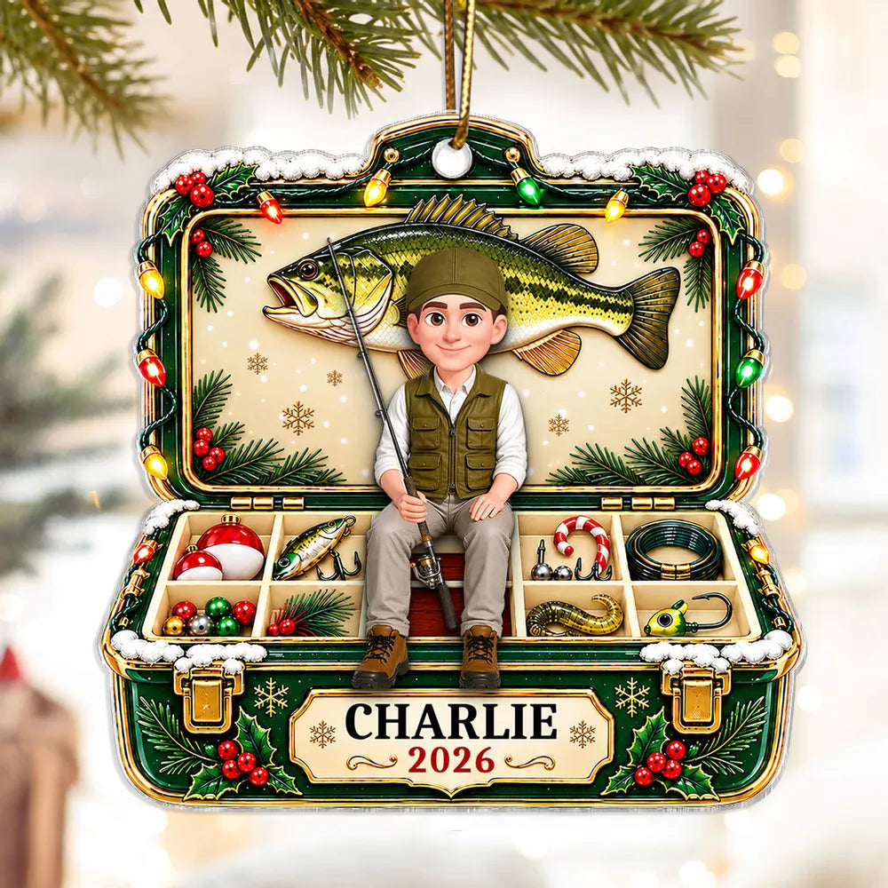 Personalized Acrylic Ornament, Green and Gold Cartoon Angler Holding a Fishing Rod, Unique Christmas Gift for Dad or Grandpa