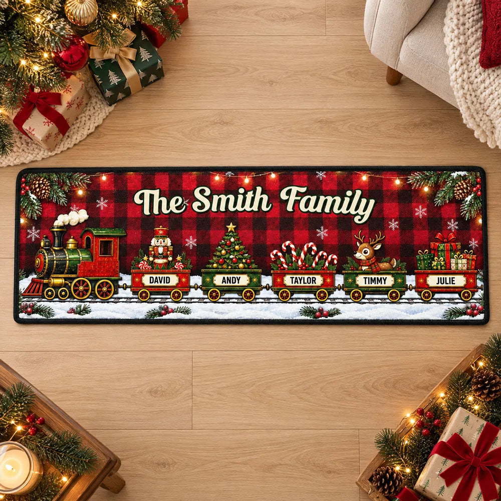 Personalized Premium Doormat with Family Holiday Train and Snowy Village, Unique Christmas Gift for Family