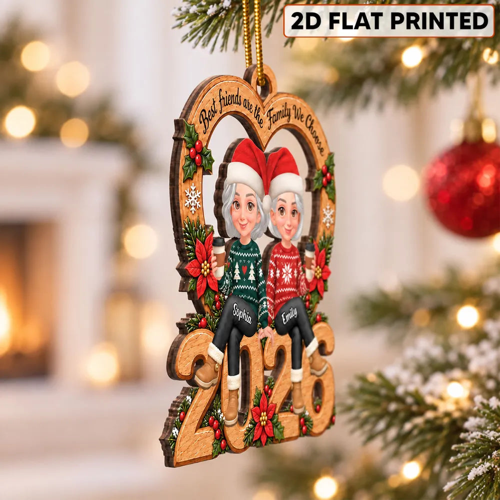 Personalized Wooden Ornament, Friends Sitting with Coffee in Festive Red and Green, Unique Christmas Gift for a Friend