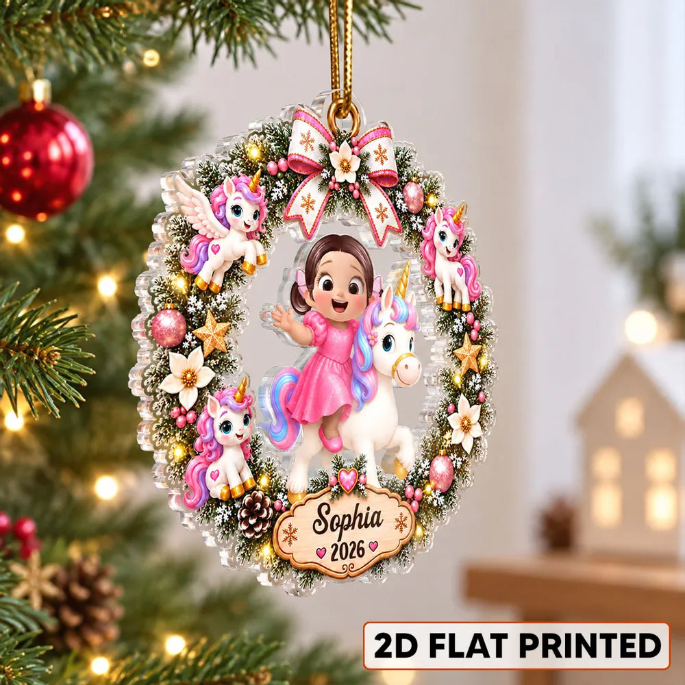 Personalized Acrylic Ornament, Cartoon Child Riding a Unicorn in a Christmas Wreath, Unique Gift for Kids
