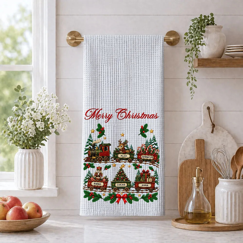 Personalized Christmas Kitchen Towel, Vintage Train in a Snowy Forest, Unique Gift for Family