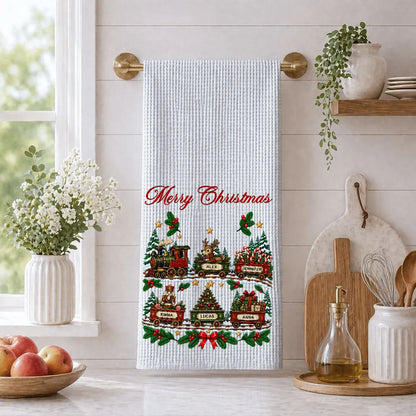 Personalized Christmas Kitchen Towel, Vintage Train in a Snowy Forest, Unique Gift for Family