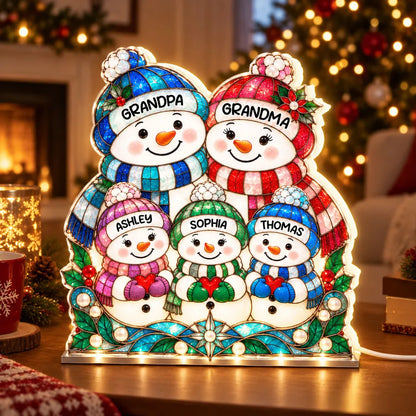 Personalized Gathered Snowman Family Acrylic Light Box, Colorful Christmas Decor, Unique Gift for Grandparents