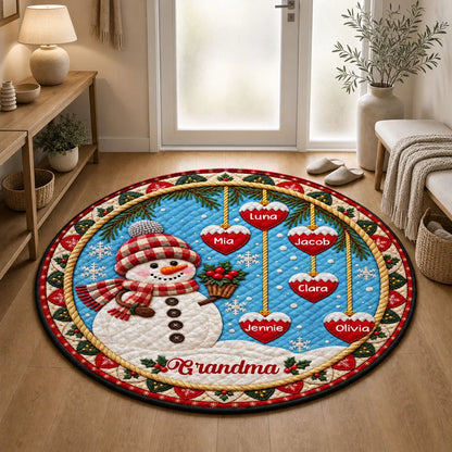 Personalized Christmas Snowman Round Quilted Mat, Red and Blue Snowy Scene, Unique Gift for Grandma