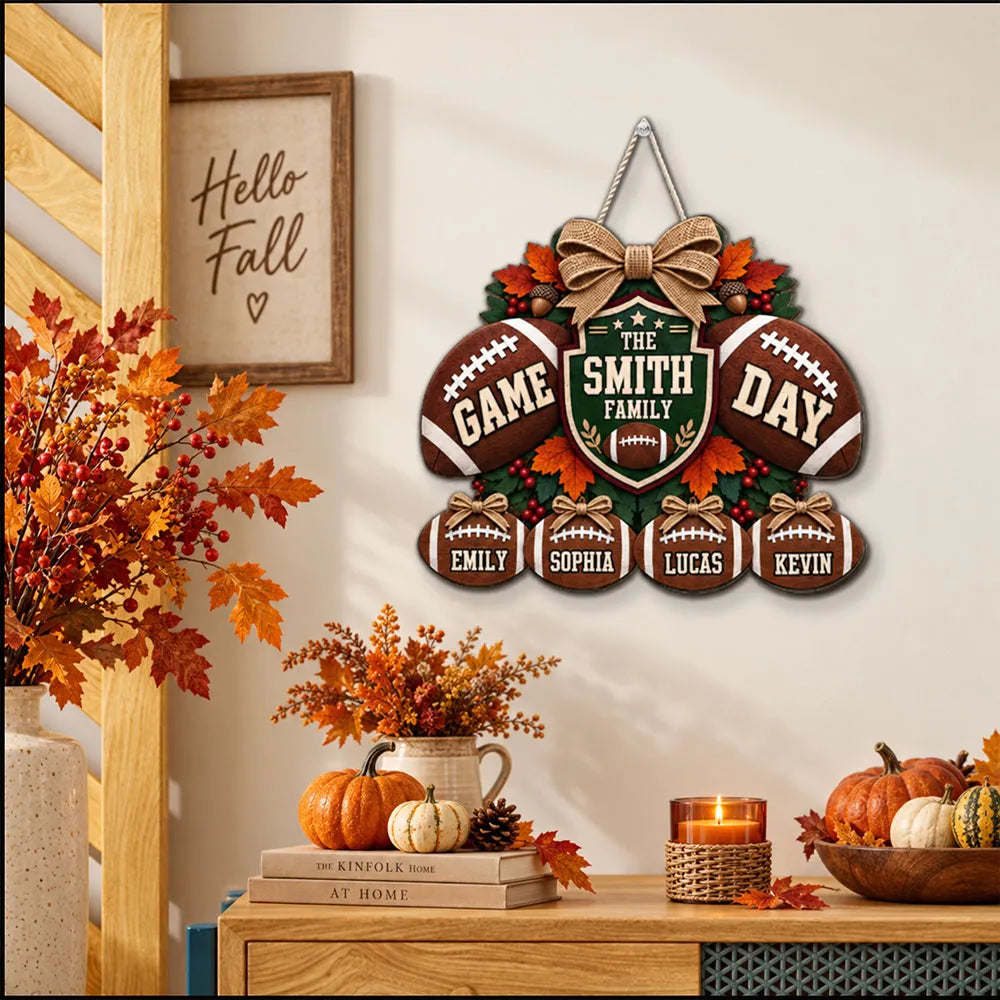 Family Huddle Wooden Sign, Personalized Football Door Accent, Creative Gift for Football Fans