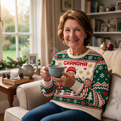 Personalized Printed Sweatshirt, Grandma Holding Hands With Grandkids, Unique Christmas Gift