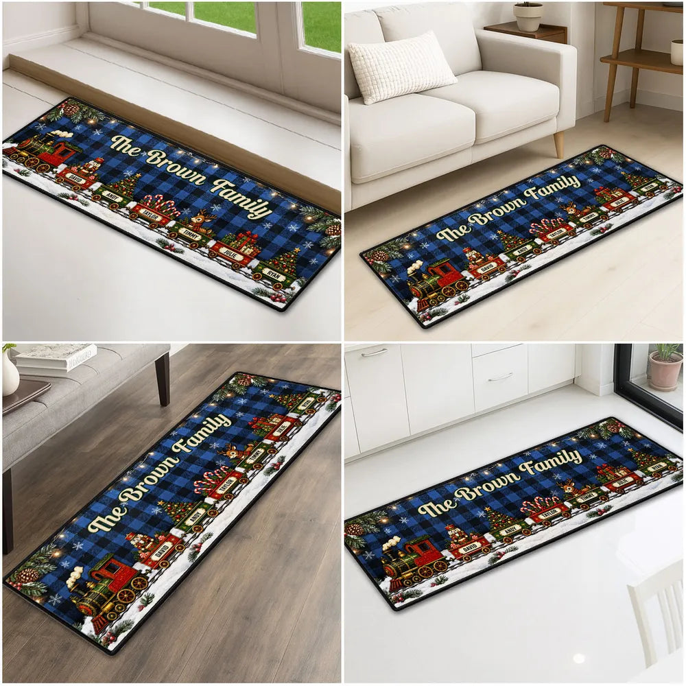 Personalized Premium Doormat with Family Holiday Train and Snowy Village, Unique Christmas Gift for Family