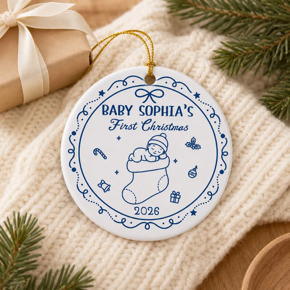 Personalized First Christmas Ceramic Ornament, Sleeping Baby in Stocking on Tree, Unique Gift for New Parents