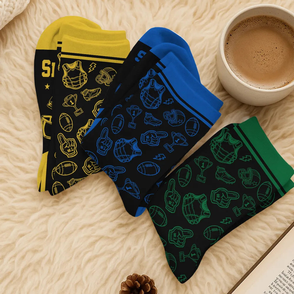 Personalized Crew Socks, Green Football Design for Lounging on Game Day, Unique Gift for Dad