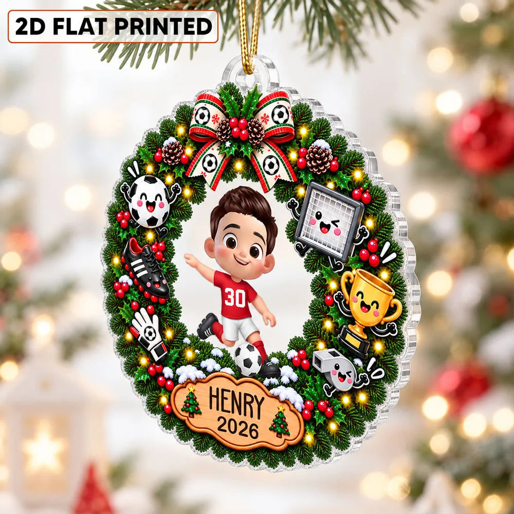 Personalized Acrylic Ornament, Festive Soccer Wreath with Running Player, Creative Gift for Players and Fans