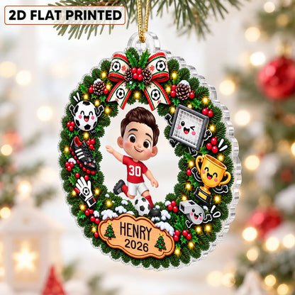 Personalized Acrylic Ornament, Festive Soccer Wreath with Running Player, Creative Gift for Players and Fans