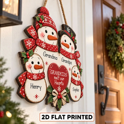 Personalized Wooden Sign, Gathered Snowman Family Christmas Door Decor, Unique Gift for Grandma & Grandpa
