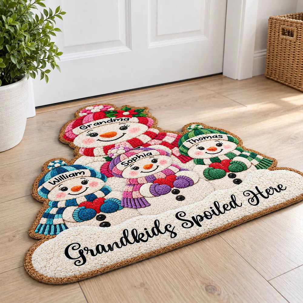 Personalized Shaped Doormat, Grandma and Grandkids Snowmen Christmas Decor, Unique Gift for Grandma
