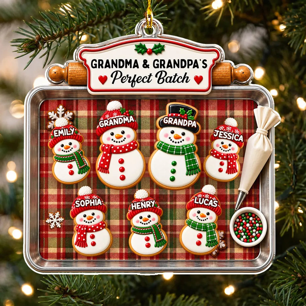 Personalized Acrylic Ornament, Snowman Cookie Family on Plaid Baking Tray, Unique Christmas Gift for Grandparents