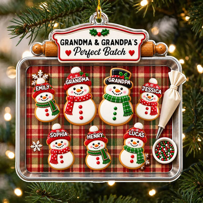 Personalized Acrylic Ornament, Snowman Cookie Family on Plaid Baking Tray, Unique Christmas Gift for Grandparents
