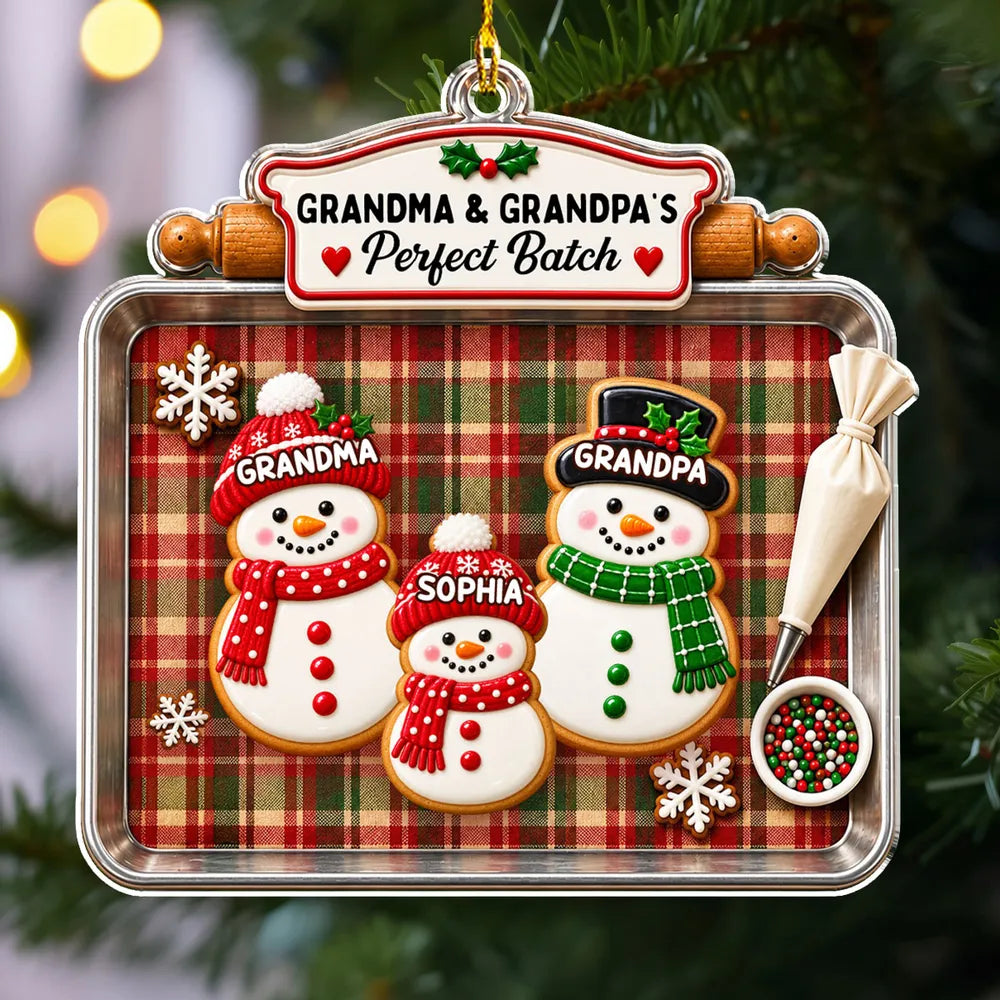 Personalized Acrylic Ornament, Snowman Cookie Family on Plaid Baking Tray, Unique Christmas Gift for Grandparents