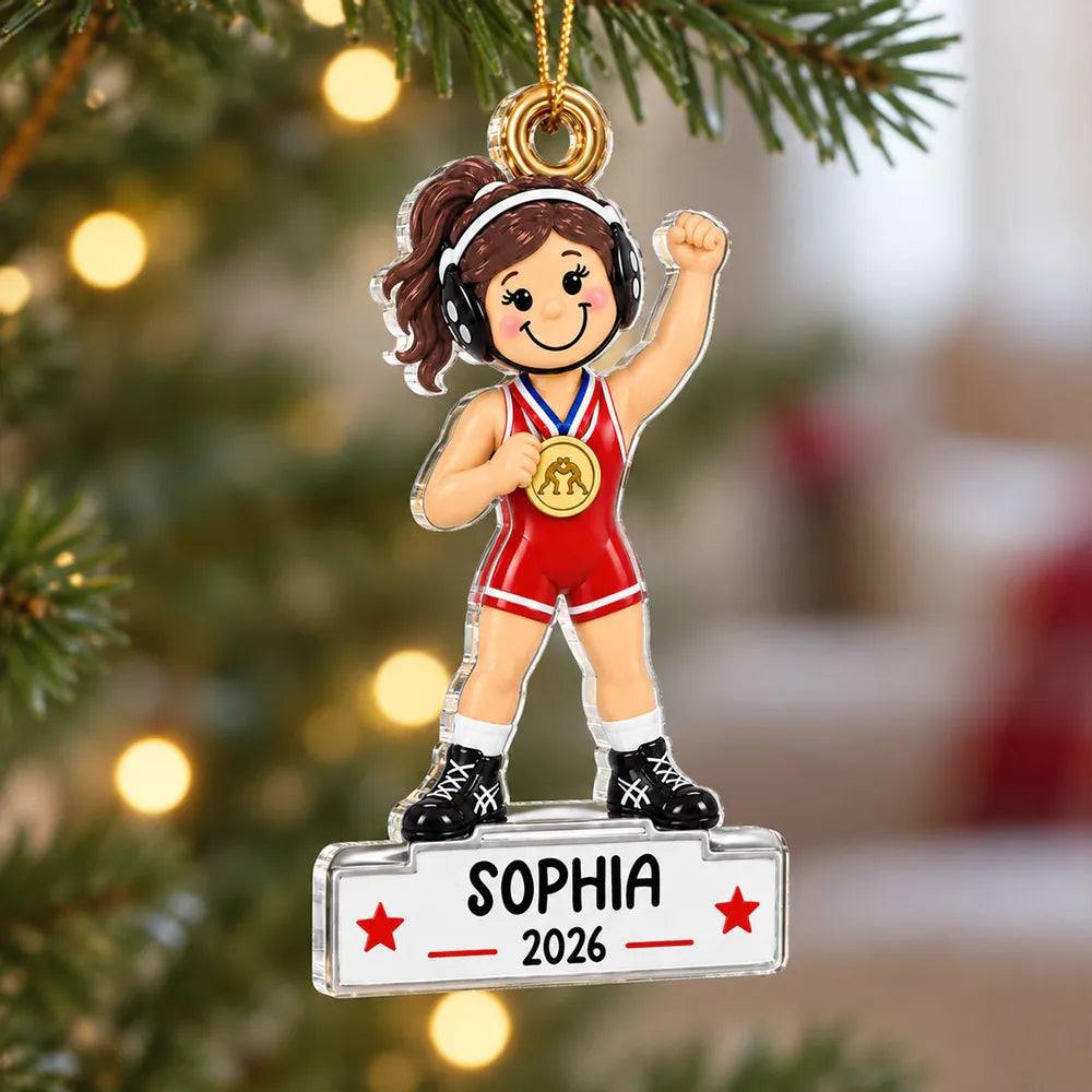 Personalized Acrylic Ornament, Red Cartoon Girl Wrestler Raising Her Fist, Unique Gift for Daughter