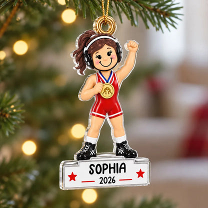 Personalized Acrylic Ornament, Red Cartoon Girl Wrestler Raising Her Fist, Unique Gift for Daughter