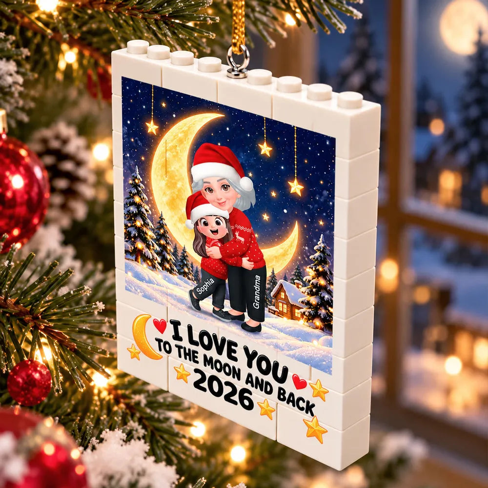 Personalized Building Block Ornament, Grandma Hugging Granddaughter Under a Moon, Unique Christmas Gift for Grandma