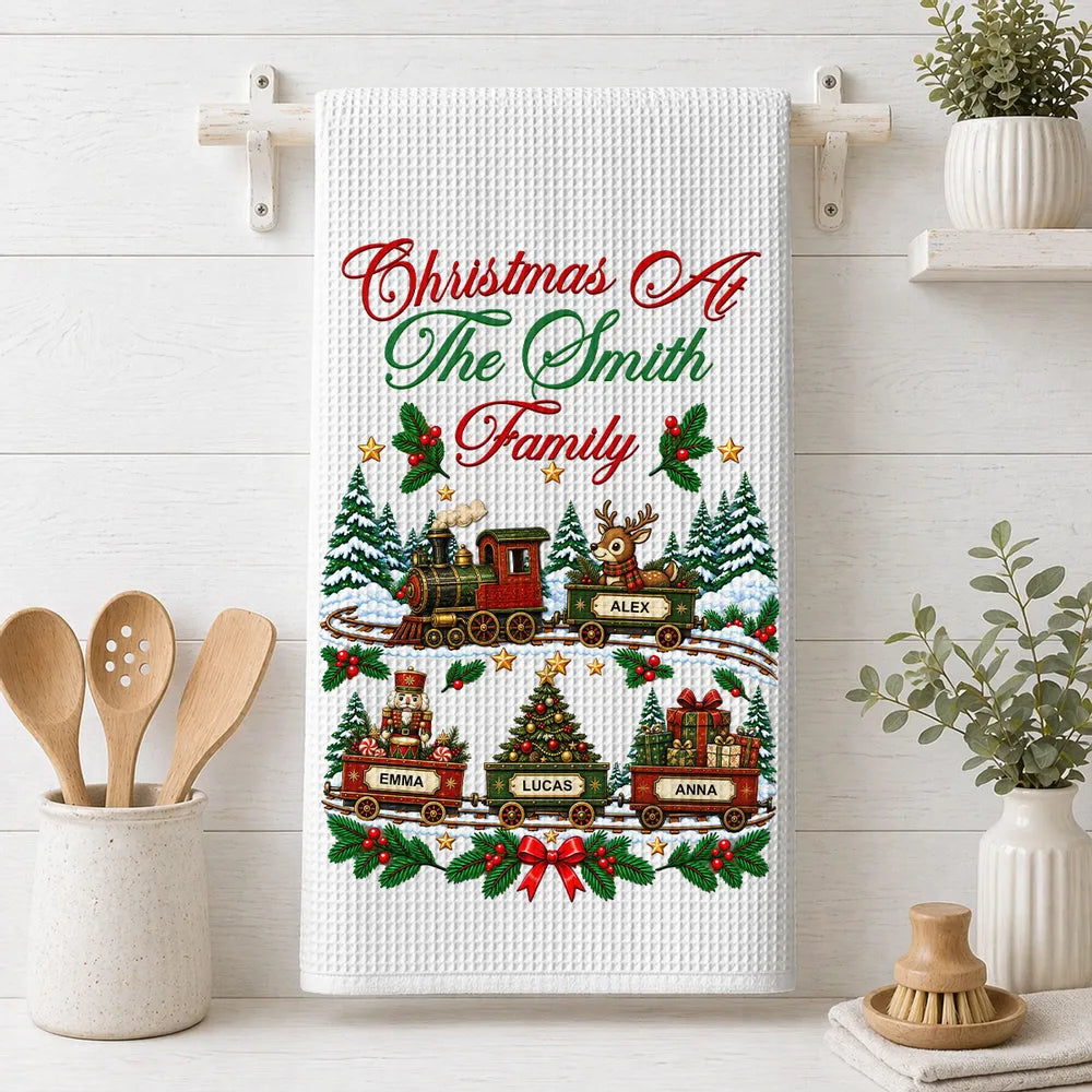 Personalized Christmas Kitchen Towel, Vintage Train in a Snowy Forest, Unique Gift for Family