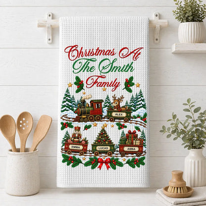 Personalized Christmas Kitchen Towel, Vintage Train in a Snowy Forest, Unique Gift for Family