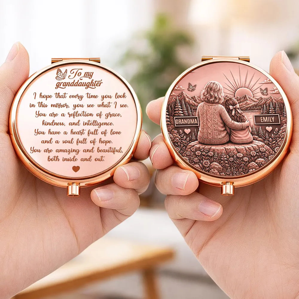 Personalized Metal Compact Mirror, Grandma Hugging Granddaughter at Sunset, Unique Gift for Granddaughter