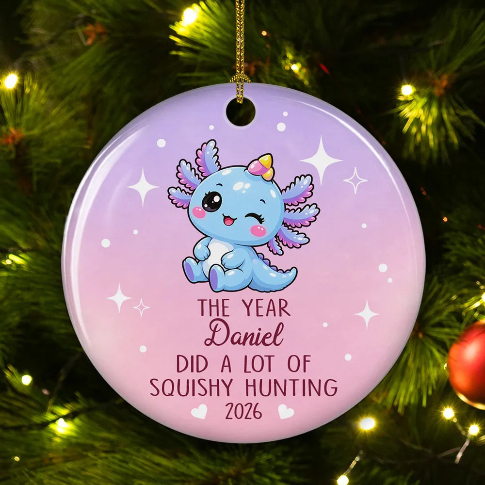 Personalized Ceramic Ornament, Cute Pink Squishy Hunting Design, Unique Christmas Gift for Squishy Fans