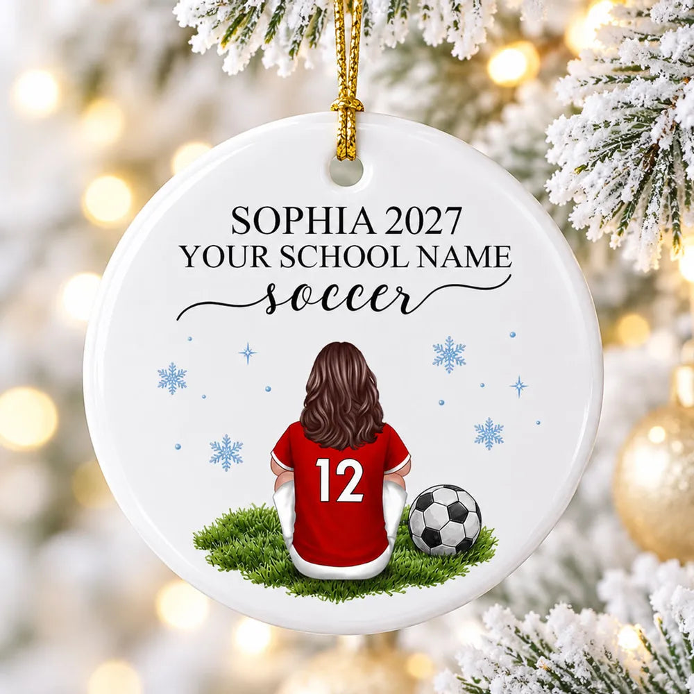 Personalized Ceramic Ornament, Seated Soccer Player in Red Jersey, Unique Christmas Gift for Athletes