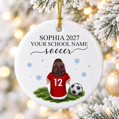 Personalized Ceramic Ornament, Seated Soccer Player in Red Jersey, Unique Christmas Gift for Athletes