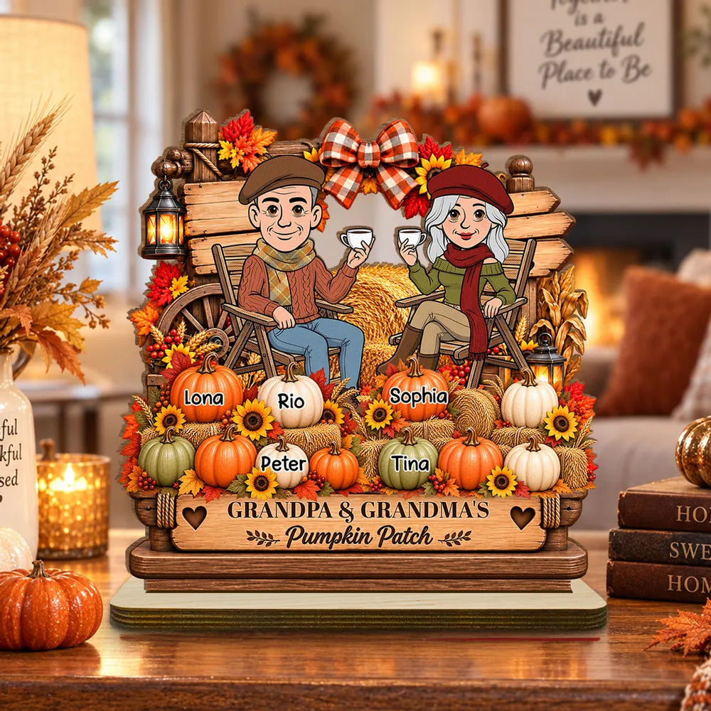 Personalized 2-Layer Wooden Plaque, Grandparents Sharing Coffee in an Autumn Pumpkin Patch, Unique Family Gift
