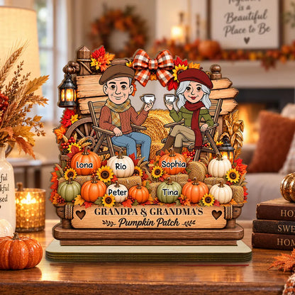 Personalized 2-Layer Wooden Plaque, Grandparents Sharing Coffee in an Autumn Pumpkin Patch, Unique Family Gift