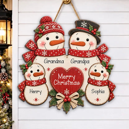 Personalized Wooden Sign, Gathered Snowman Family Christmas Door Decor, Unique Gift for Grandma & Grandpa