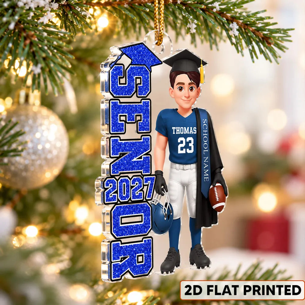 Personalized Football Senior Acrylic Ornament, Graduate Holding Helmet, Unique Graduation Gift for Son