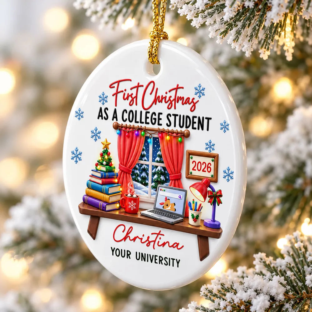 Personalized Ceramic Ornament, Colorful College Study Desk, Unique Christmas Gift for College Student
