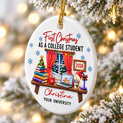 Personalized Ceramic Ornament, Colorful College Study Desk, Unique Christmas Gift for College Student