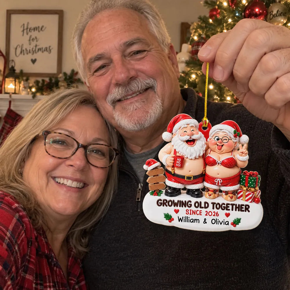 Personalized Acrylic Ornament, Laughing Older Couple in Santa Outfits by a Christmas Tree, Unique Gift for Couples