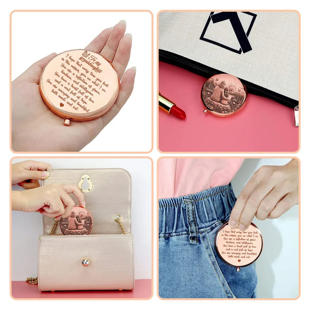Personalized Metal Compact Mirror, Grandma Hugging Granddaughter at Sunset, Unique Gift for Granddaughter