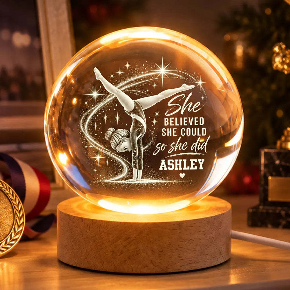 Personalized Globe Lamp with Handstand Gymnast, Warm Amber Unique Gift for Young Gymnast