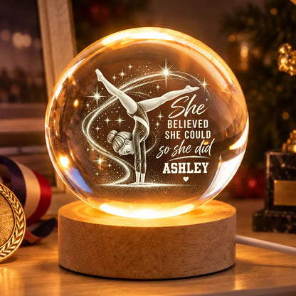 Personalized Globe Lamp with Handstand Gymnast, Warm Amber Unique Gift for Young Gymnast