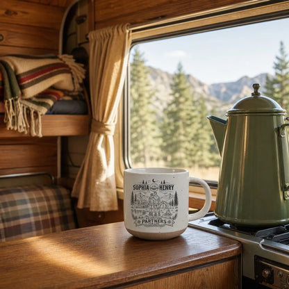 Personalized Pottery Mug, Embracing Couple at a Mountain Campsite, Unique Gift for Adventure Partners