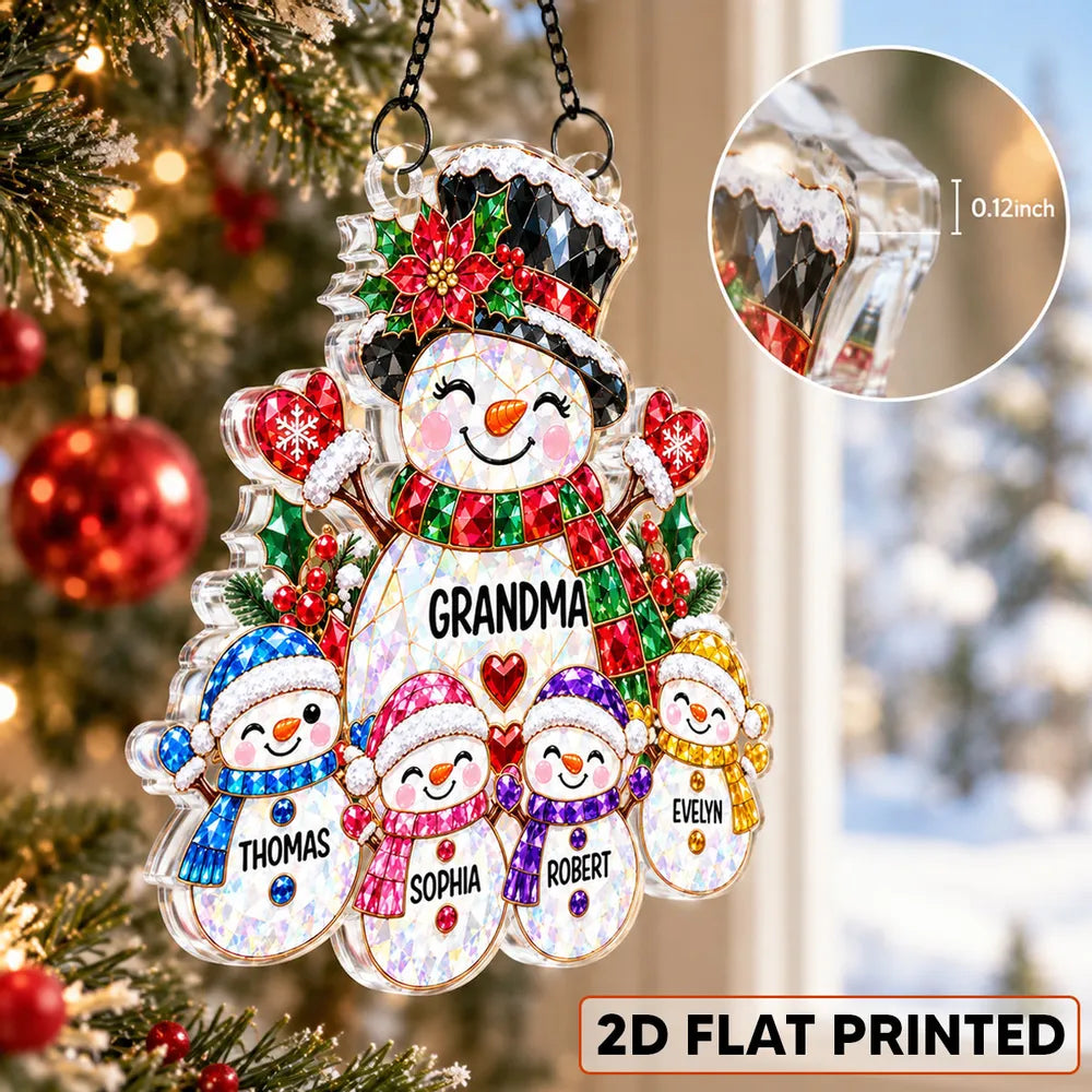 Personalized Grandma Snowman Acrylic Suncatcher Ornament, Colorful Christmas Window Decor, Unique Gift for Grandma